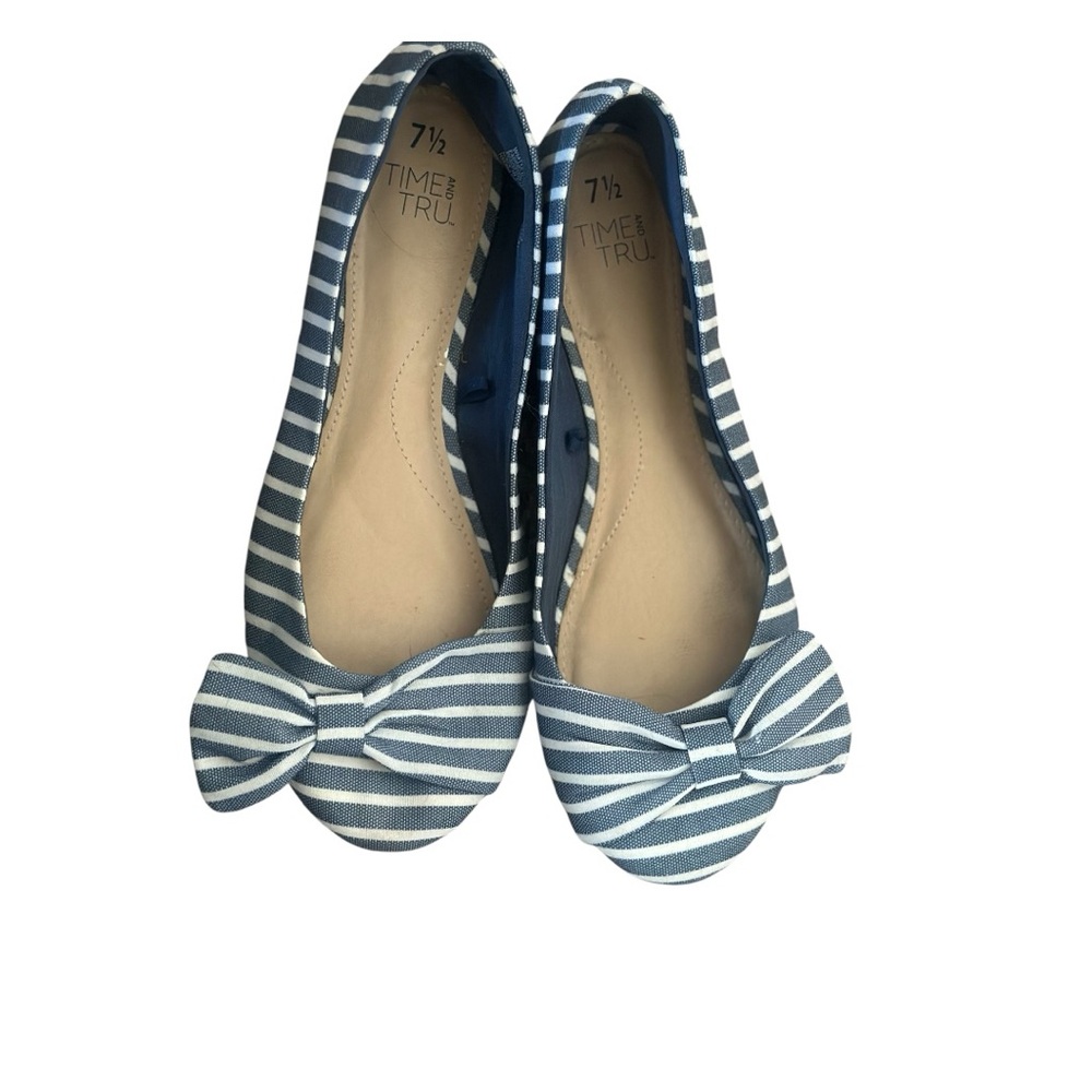 Time and Tru Blue White Striped Bow Flats 7.5 Nautical Slip-On Shoes